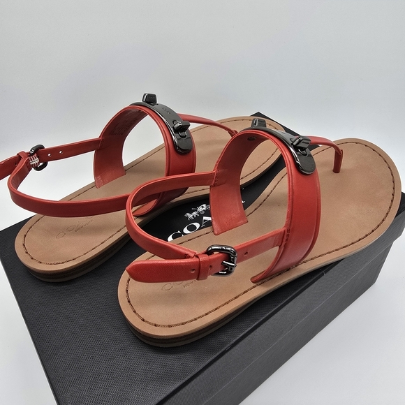 Coach Red Leather Sandals with Black Accents - Picture 2 of 5